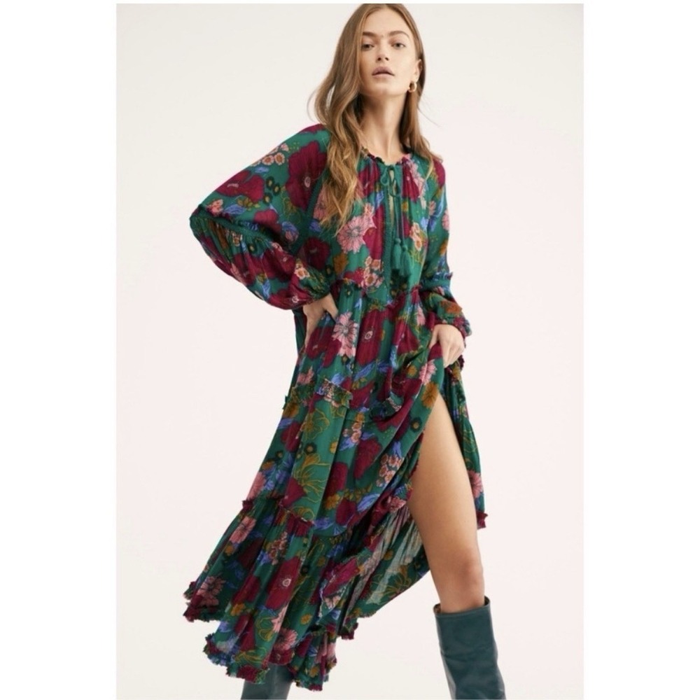 Free People LG Bohemian Hippie Flower Child In The Moment Maxi Dress Green Multi